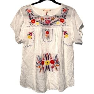 NWT GRAND & GREENE Embroidered Floral White Flutter Sleeve Shirt Size Small